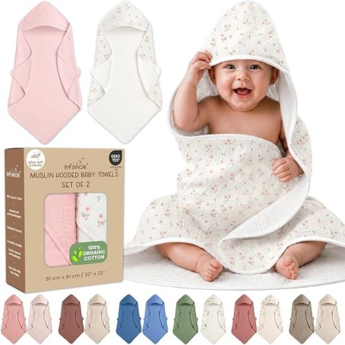 infancie Organic Cotton Muslin Baby Hooded Towels - 32x32 Inch, 2 Pack Newborn Bath Towels for Boys & Girls, Soft & Absorbent Bath Set (Blush & Ivory Floral)