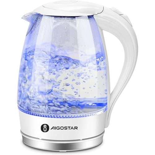 Aigostar Electric Kettle, 1500W Glass Electric Tea Kettle Rapid Heating, Borosilicate Glass, Auto Shutoff and Boil-Dry Protection, Hot Water Boiler BPA Free and Cordless with LED Indicator, 1.7 Liter