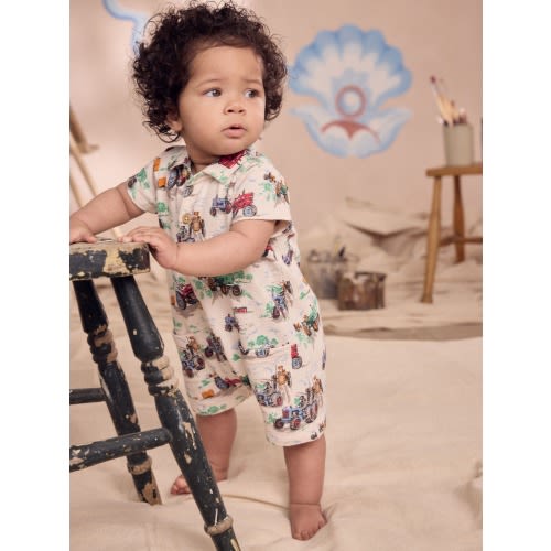 Ecru Tractor Printed Collared 100% Cotton Cath Kidston Romper