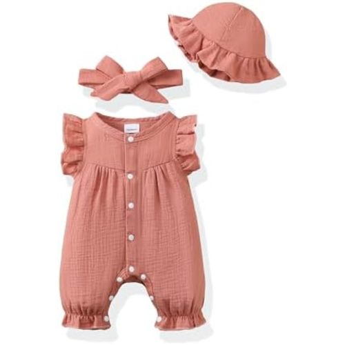Renotemy Baby Girl Clothes Outfits Infant Summer Romper Cotton Linen Preemie Newborn Essentials Photography with Hat&Headband
