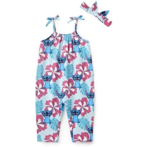 Disney Frozen Elsa Princess Minnie Stitch Marie Girls Romper with Bow Tie Strap and Headband Cute Jumpsuit for Baby & Toddler
