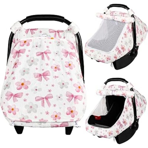 Hooyax Baby Car Seat Cover with Large Window, Breathable Muslin Carseat Canopy for Infant, Protective Stroller Shade for Boys Girls, Universal Car Seat Cover for Newborn, Baby Shower Gift (Bow Flower)