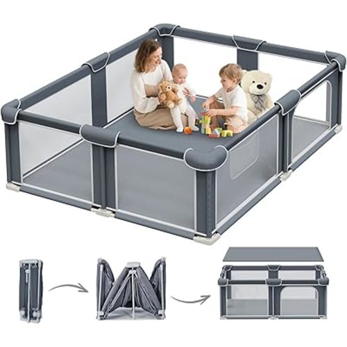 G TALECO GEAR Foldable Playpen for Babies and Toddlers, 59"x71" Portable Play Yard with Mat, Kids Collapsible Play Pen with Sturdy Metal Frame & Mesh Walls, Indoor & Outdoor Baby Fence Play Area