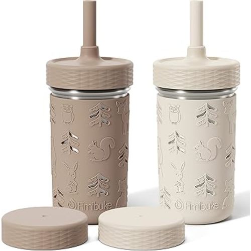 Fimibuke Toddler Cups Spill Proof, 12 OZ Sippy Cups for Kid Girl Boy, Leak Proof Stainless Steel Tumbler with Lid, Silicone Straw & Sleeve, BPA Free Dishwasher Safe Water Bottle Snack Container 2 Pack