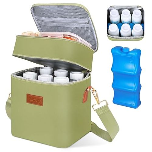 PIIOSER Breastmilk Cooler Bag with Ice Pack Fits 6 Baby Bottles Up to 9 Ounce, Insulated Baby Bottle Tote Bags, Double Layer Waterproof Leak-Proof with Shoulder Strap for Nursing & Working Mom (Green)