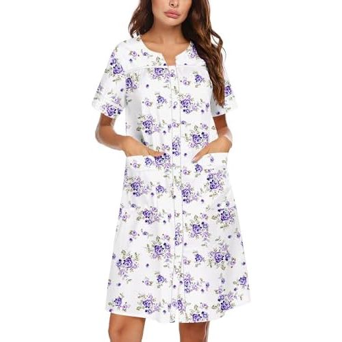 Ekouaer Nightgowns for Women House Dress with Pockets Snap Front House Coat Short Sleeve Duster Moo Moos Sleepwear S-3XL