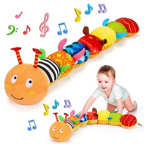 Baby Sensory Toy 0-6 Month Music Animal Stuffed Plush Caterpillar Toy for Infant 0-3-6-12 Month Old Tummy Time with Mirror Crinkle Rattle Toys for Newborn Boys Girl Shower Gifts Easter Basket Stuffer