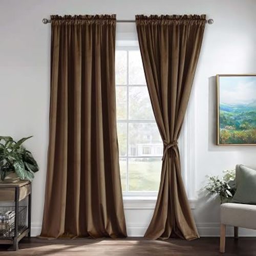 JIUZHEN Brown Velvet Curtains for Living Room Thermal Insulated Room Darkening Privacy Protect Brown Drapes for Parlor/Gallery/Holiday, W52 x L90, Set of 2 Panels