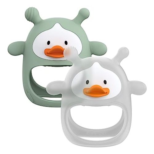 Baby Teething Toys, Silicone Baby Teether Toy for Infants 3+ Months, Never Drop Silicone Baby Teether for Soothing Teething Pain Relief, Baby Chew Toys for Sucking Needs, BPA Free (Green+ Transparent)