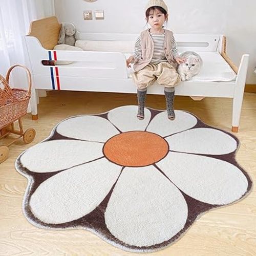 Poowe White Flower Shaped Round Rug for Bedroom Living Room, Fluffy Circular Rug Washable Nursery Rug for Kids Room Nonslip Indoor Floor Mat for Entryway-31.5" Round