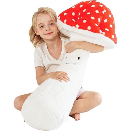 30inch Mushroom Plush Pillow, Cute Red Stuffy Mushroom Pillow Stuffed Animal, Giant Soft Toy Fluffy Cuddle Pillow Plushie Gift for Kids Boy Girl Birthday, Room Decor