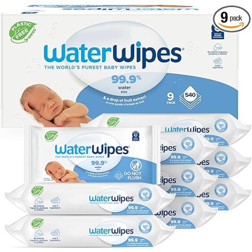 WaterWipes Original Baby Wipes, 99.9% Water, 3-In-1 Cleans, Cares, Protects, Unscented & Hypoallergenic, 540 Count (9 Packs), Packaging May Vary