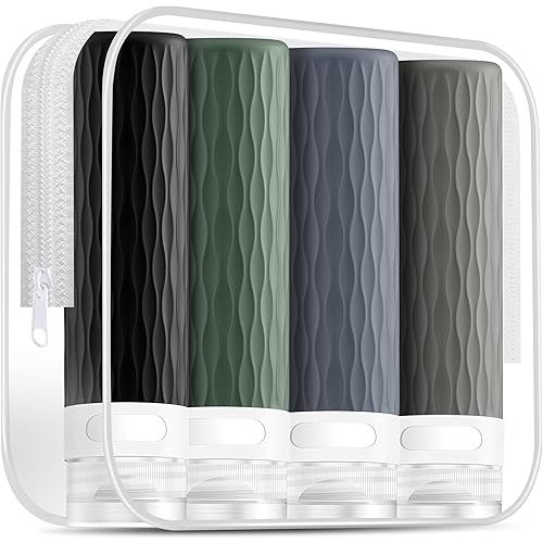 Travel Bottles for Toiletries, TSA Approved 3.4oz Travel Size Containers, BPA Free Leak Proof Silicone Traveling Bottles, Refillable Travel Essentials Kits for Shampoo Conditioner(4 Pack)-A