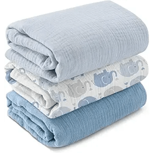 Muslin Swaddle Blankets for Newborn, 3-Pack Cotton Receiving Blankets, Large 40 x 38 inches, Baby Blankets for Boys and Girls, Wrap Burp Cloths, Registry Essentials, Shower Gifts, Elephant & Blue