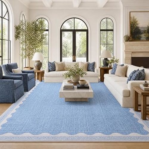 GarveeHome Scalloped 8x10 Rug for Living Room Washable Non-Slip Solid Blue Modern Minimalism Low-Pile Carpet 8 x 10 Rug for Bedroom Dining Nursery Mat with Rubber Back