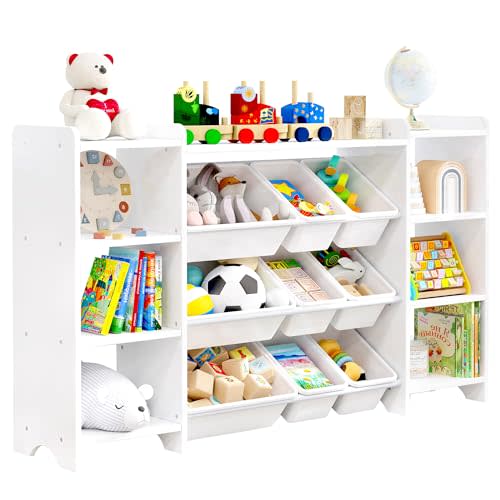 MallBest 4-Tier Kids' Toy Storage Organizer Shelf - 100% Solid Wood, Children's Organizer Cabinet with 9 Plastic Bins and 6 Storage Ports (White)