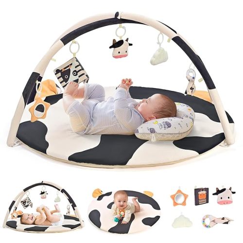 2PM SPORTS Cow Theme Baby Play Mat, Tummy Time Mat for Infant Newborn, Baby Play Gyms & Playmats for 0-3 3-6 6-12 Months, Activity Mat 5 Detachable Toys, Non Slip Gym Mat Easy to Install & Clean