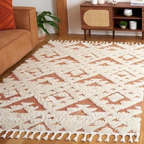 Safavieh Moroccan Tassel Shag Collection Area Rug - 5'3" x 7'6", Ivory & Brick Rust, Contemporary Design, Ideal for High Traffic Areas in Living Room, Bedroom & Dining Room (MTS688P-5)