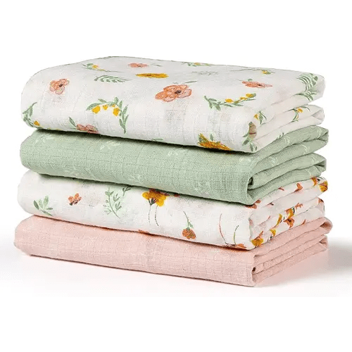 Softan Muslin Swaddle Blankets for Baby Girls & Boys Gift, Large 47X47 inches Receiving Blankets for Newborn, Infant Swaddle Wrap Blanket Set Soft Silky & Breathable, 4 Pack Green Floral