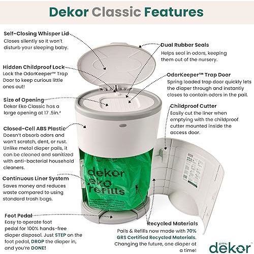 Diaper Dekor EKO Classic Diaper Pail, White | ONLY Eco-Friendly Diaper Pail Made with 70% Recycled Materials | Hands-Free: Step–Drop–Done | Cost-Effective Refill System