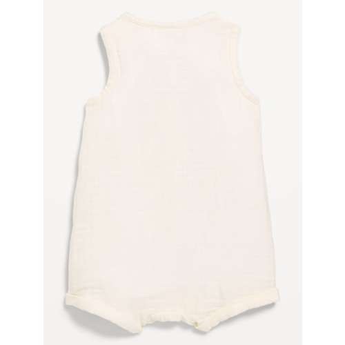 Green Stripe Sleeveless Double-Weave Henley One-Piece Romper for Baby