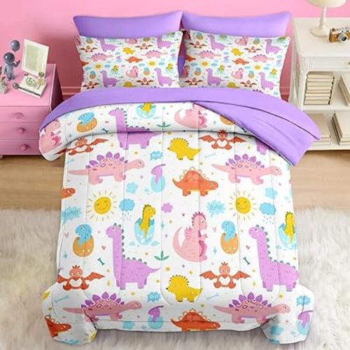 Comforter Set Full Size, Cute Dinosaur 7 Pcs Bedding for Kids and Adults, Love Rainbow Happy Bed Sheet Sets with Fitted Sheet 2 Pillowcase & 2 Sham for Bedroom Bed Decor