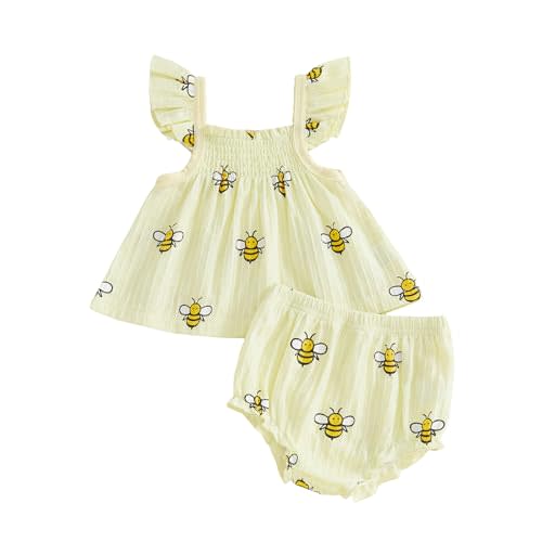 Toddler Baby Girl Summer Clothes Bee Print Ruffle Flying Sleeve Dress Tank Tops Bloomers Shorts Set Infant Outfit