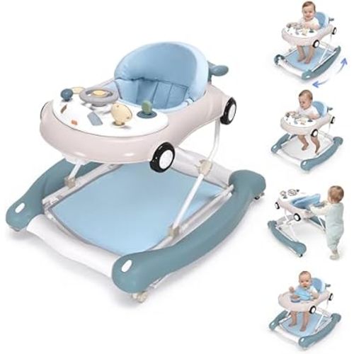 Baby Walker, 5-in-1 Baby Walker for Boys and Girls with Bouncer, Removable Footrest, Music, Foldable & Adjustable Speed Wheels Activity Walker for 6-18 Months Toddler Infant(Haze Blue)