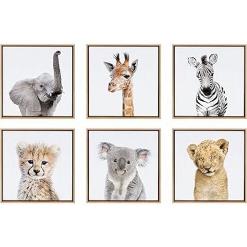 Kate and Laurel Sylvie Safari Animal Collection Framed Canvas Wall Art by Amy Peterson Art Studio, Set of 6, 13x13 Natural, Decorative Animal Art for Wall