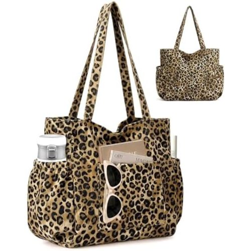 Corduroy Tote Bag for Women,Large Capacity Cute Tote Bags With 6 Pockets,Crossbody Shoulder Handbag for Work Travel Gym