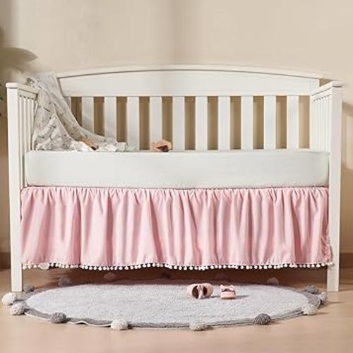 TILLYOU Baby Crib Skirt Girls Boys, Ruffled Bed Skirt with Pompoms, 28”x 52”, 14'' Drop, Pink