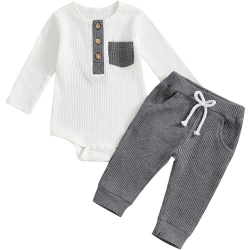 fhutpw Baby Boy Clothes 3 6 12 18 Months Ribbed Knitted Long Sleeve Romper and Pants Sets Newborn Fall Splicing Color Outfits