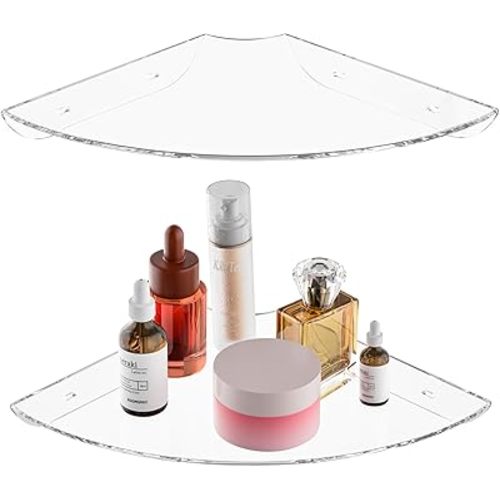 9.5x9.5 Inch Acrylic Corner Floating Shelf Set of 2, Clear Corner Wall Shelf for Home Décor, Speakers, Security Cameras, Toileries, Plants, Figures, Cosmetics, Books