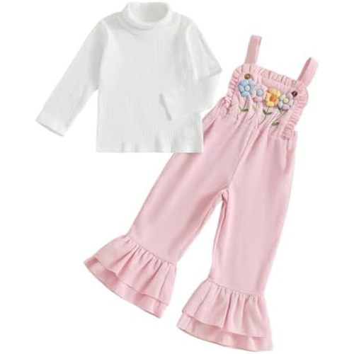 Kids Girls Outfit Long Sleeve Crew Neck T-shirt With Flower Overalls And Hat Fall Outfit