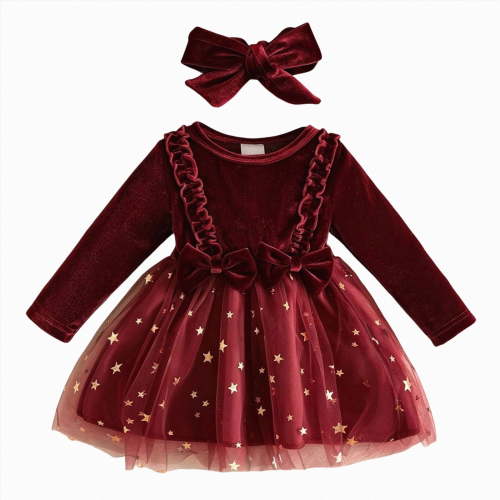 WUANDIXFA Baby Girl Christmas Velvet Dress with Bow Headband Long Sleeve Star Tutu Party Dress,Red,6-12 Months