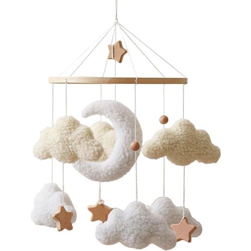 Cloud Crib Mobile Ornament, Bohemian Nursery Crib Mobile With Plush Moon, Clouds And Wooden Stars Rotating Soothing Educational For Young Child Boys Girls Preschoolers Bassinet Bedroom Wall Window