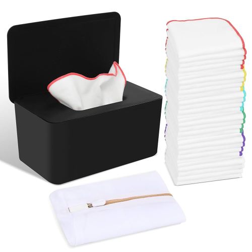 54 Packs Flannel Reusable Baby Wipes Cloth Wipes with Black Upgraded Wipes Dispenser, Soft & Natural Skin Friendly Cloth Wipes, Body Face Hand Washcloth Essential for Cloth Diapers