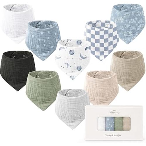 Konssy 10 Pack Baby Muslin Bandana Bibs for Drooling and Teething