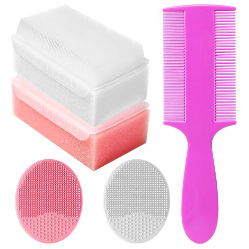 Cradle Cap Brush for Babies, Set of 5 Baby Bath Essentials with Bath Sponge Silicone Scrubber Long Handle Comb for Newborns Toddlers Boys Girls (Pink)
