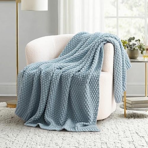 EVERGRACEHOME Chunky Chenille Knit Throw Blanket for Couch, Soft Luxurious Moss Stitch Blankets for Bed, Cozy Decorative Farmhouse Knitted Throws for Sofa, Beige, 50" x 60"