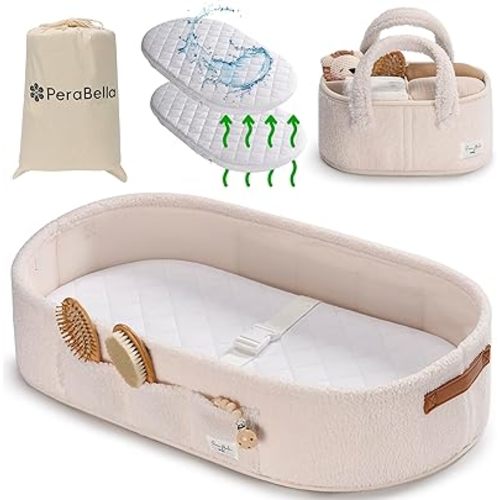 PeraBella Baby Changing Basket for Dresser Top, Baby Moses Basket for Newborn, Portable Diaper Changing Pad Table Topper for Dresser, Includes Diaper Caddy Organizer with Handle, Moses Bassinet Mat