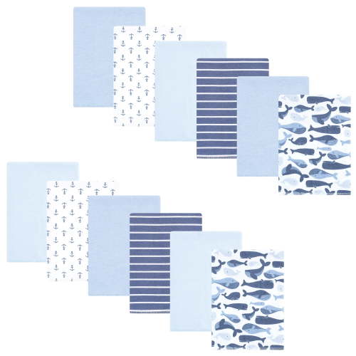 Hudson Baby Infant Boys Cotton Flannel Burp Cloths 12pk, Cute Whales, One Size