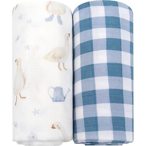 LifeTree Baby Swaddle Blankets, Boys Girls Muslin Swaddling Wrap Receiving Blanket for Newborn, 70% Viscose from Bamboo and 30% Cotton, Large 47" x 47", Duck and Checkered