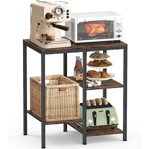 OGEMXU Kitchen Microwave Stand,4-Tier Adjustable Bakers Rack, Microwave Cart with Storage, Small Coffee Bar Table Appliance Shelf for Living Room,Office,Rustic Brown