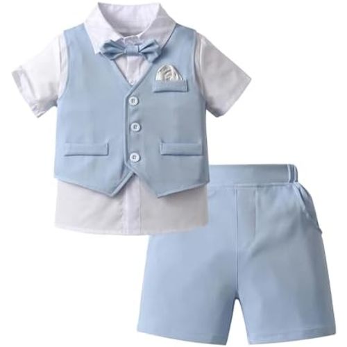 Boarnseorl Baby Boys Shorts Sets, Infant Shirt+Shorts+Bow Tie+Vest,Toddler Gentleman Outfits Suits