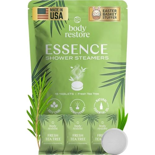 Body Restore Shower Steamers Aromatherapy 15 Pack – Easter Basket Stuffers, Easter & Birthday Gifts for Women & Men, Girls & Boys, Stress Relief & Relaxation Self Care – Tea Tree