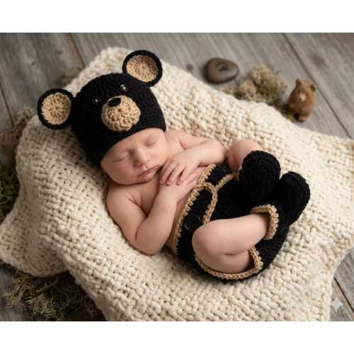 Bear Newborn Photoshoot Outfit Handmade Crochet Hat  Diaper Cover Booties