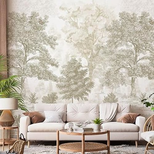 Zeeko Vintage Forest Wall Mural Peel and Stick 148" W x 98" H Beige Tree Wallpaper Self-Adhesive Large Nature Landscapes Murals Canvas Wall Decor for Bedroom Bathroom