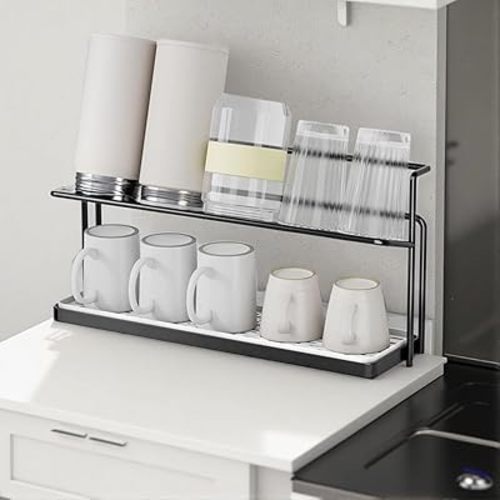 Water Bottle Drying Rack Cup Storage with Drain Tray Mug Organizer for Kitchen - 2 Tiers (Black)