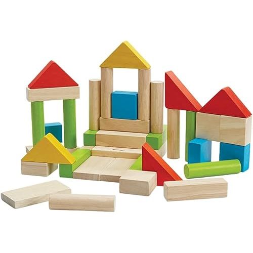 PlanToys Wooden Building Blocks - 40 Unit Blocks Natural and with Color (5513) | Sustainably Made from Rubberwood and Non-Toxic Paints and Dyes